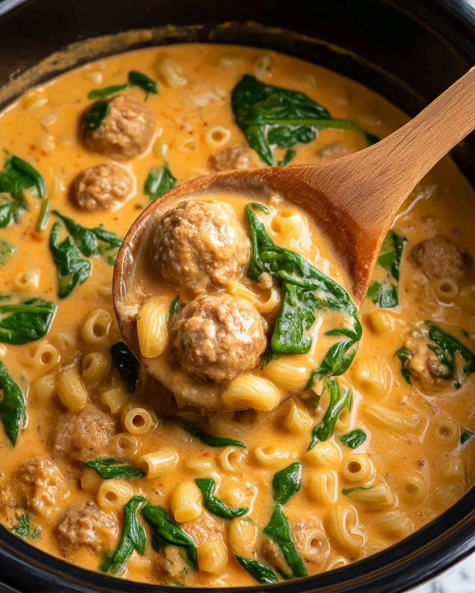 This image shows a creamy soup with meatballs and pasta in a black pot. The soup is orange and thick with a smooth texture, filled with small round pasta tubes in light yellow, green spinach leaves scattered throughout, and several brown meatballs of medium size. A wooden spoon is lifting a spoonful of the soup, showing the layers of meatball, spinach, and pasta pieces all coated in the creamy orange broth. The pot sits on a white marbled surface. photo taken with an iphone --ar 4:5 --v 7