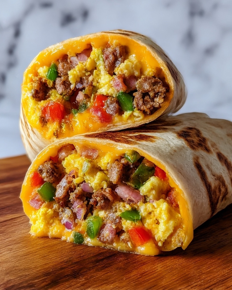 A close-up view of a breakfast burrito cut in half showing two layers inside a white soft tortilla wrap. The first layer at the bottom features browned ground sausage mixed with bright red, green, and yellow bell pepper chunks, and bits of cooked bacon, creating a textured and colorful mix. Above this is a layer of vibrant yellow scrambled eggs with a soft, fluffy texture mingled with the sausage and vegetables. The burrito is resting on a wooden board, and the inside ingredients look juicy and fresh. The photo taken with an iphone --ar 4:5 --v 7