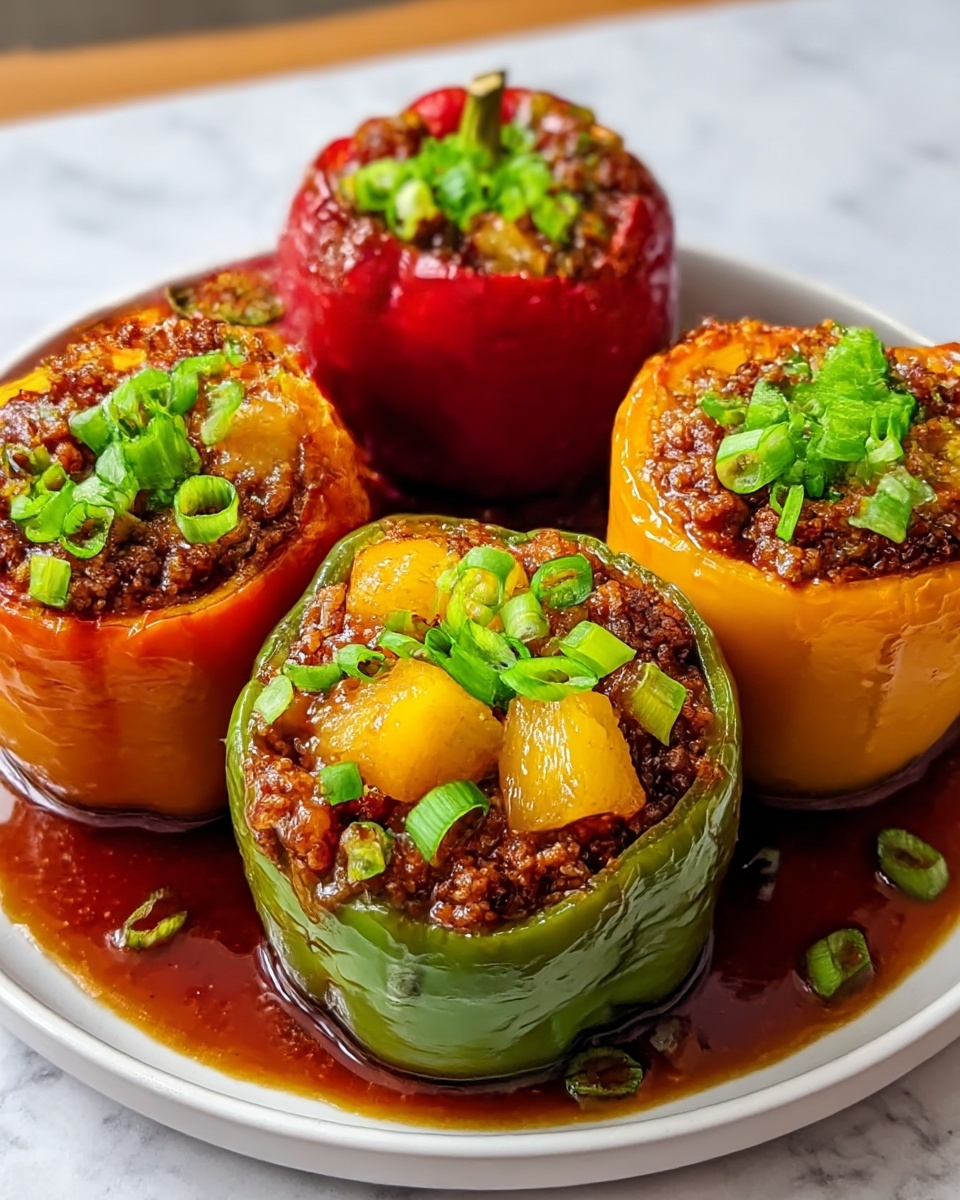 Four stuffed bell peppers sit closely on a white plate, each bell pepper hollowed and filled with a rich, glossy mixture of minced meat and bright yellow pineapple chunks. Two bell peppers are red, one is green, and one is yellow, each showing a smooth, slightly shiny outer skin. The meat filling is dark brown with a thick sauce that pools around the base on the plate, giving a moist and flavorful look. The tops of all peppers are decorated with fresh, chopped green onions, bright and crisp, adding a fresh green contrast. The plate rests on a white marbled surface, emphasizing the colors and textures of the dish. photo taken with an iphone --ar 4:5 --v 7