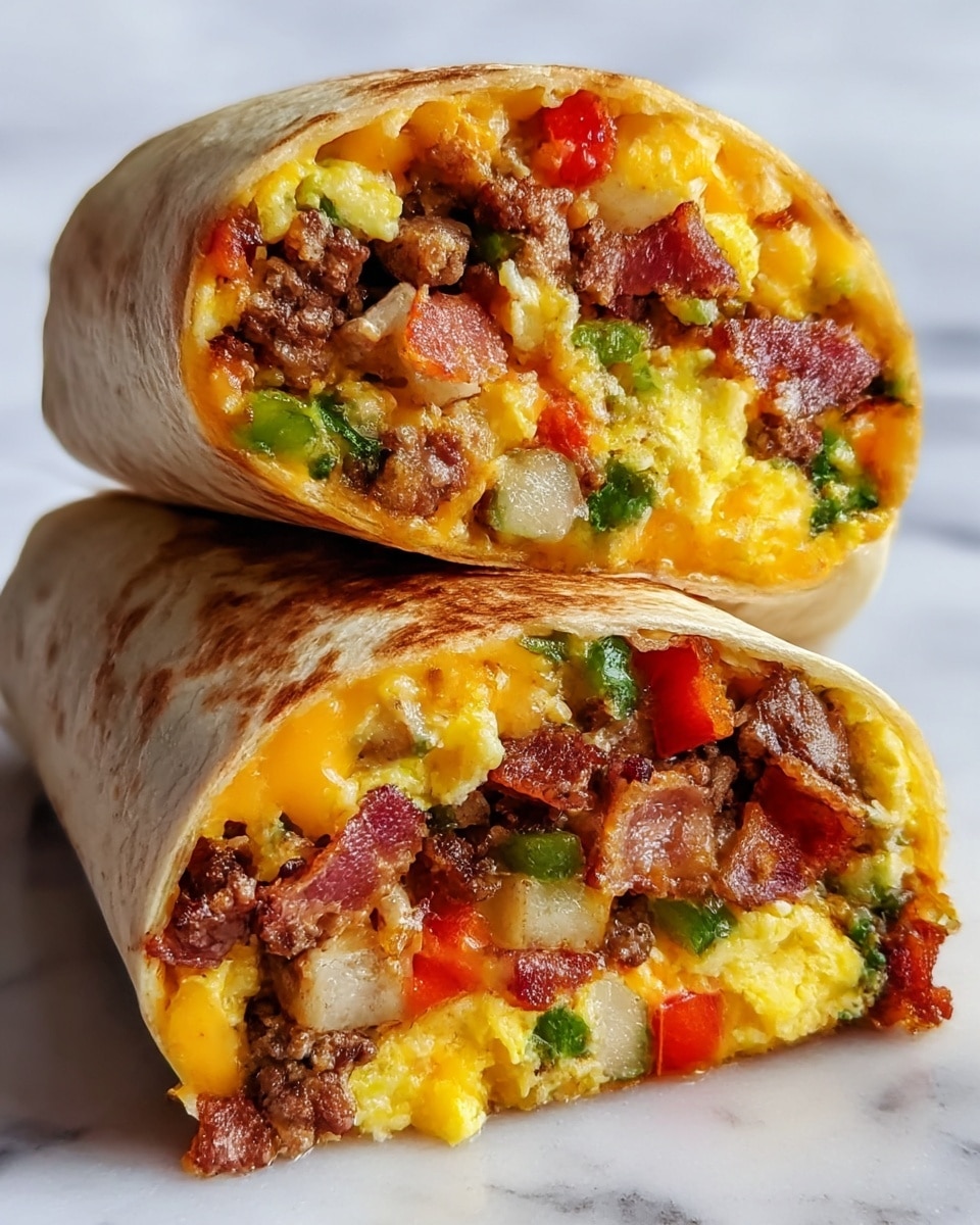 The image shows a close-up of two halves of a breakfast burrito wrapped in a lightly toasted tortilla with brown grill marks on the outside. Inside, there are three visible layers: the top layer has browned ground sausage pieces mixed with crispy bacon chunks, bright orange melted cheddar cheese, and small bits of diced green, red, and orange bell peppers. Below this is a fluffy scrambled egg layer in a yellow color with soft texture. The bottom layer includes more sausage, cheese, diced peppers, and bacon, all tightly packed together. The burritos rest on a wooden board with a white marbled texture in the background. photo taken with an iphone --ar 4:5 --v 7