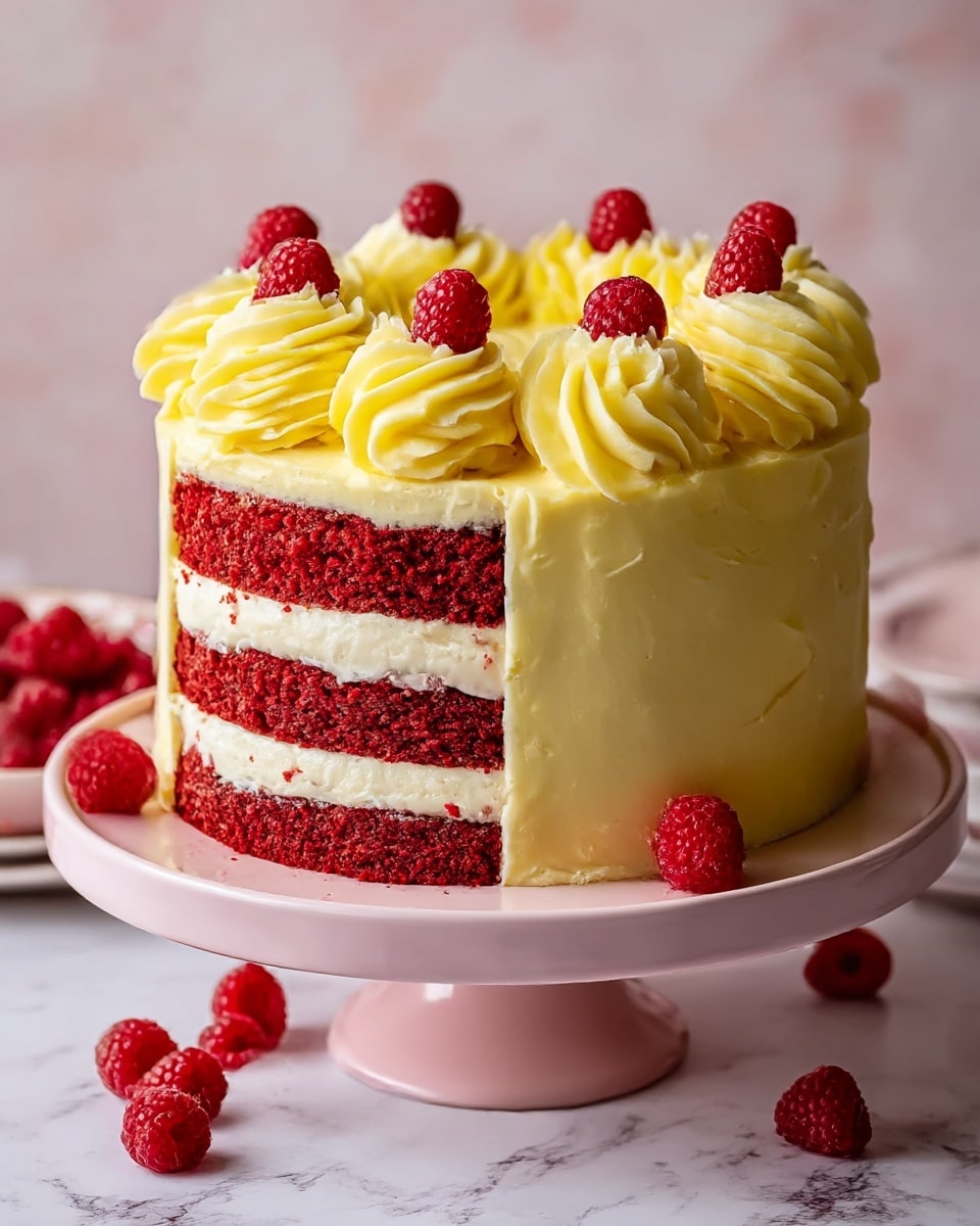 The image shows a three-layer red velvet cake with bright red sponge layers separated by creamy white frosting. The outside of the cake is fully covered in smooth white frosting. On top, there are large swirls of yellowish cream, each decorated with fresh red raspberries placed in a circle. A slice has been cut out, showing the clean layers inside. More swirls of cream and a few extra raspberries are placed around the base of the cake on a white cake stand with a soft pink base. The cake is set on a white marbled surface with some scattered raspberries nearby and blurred flowers in the background, photo taken with an iphone --ar 4:5 --v 7