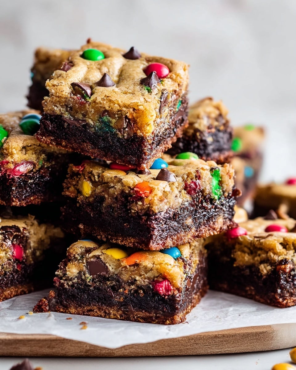 A stack of nine square bars sits on a white marbled surface with parchment paper underneath; each bar has two distinct layers, with the bottom layer being a dark, moist chocolate brownie filled with chunks of melted chocolate, and the top layer a golden-brown, slightly crumbly cookie dough studded with colorful candy-coated chocolate pieces. The bars are unevenly piled, showing the rich texture and gooey chocolate inside, while scattered candy pieces add vibrant red, green, yellow, blue, and orange color highlights. In the blurred background, a white jar tied with a rustic brown string adds a soft neutral contrast. photo taken with an iphone --ar 4:5 --v 7