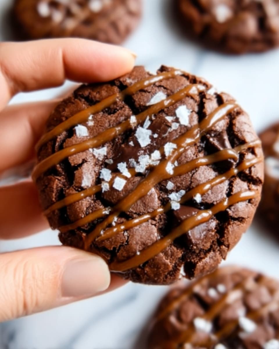 A close-up of a round chocolate cookie with a cracked surface, dark chocolate chunks embedded on top, and drizzles of caramel sauce across the top in diagonal lines. Small flakes of sea salt are sprinkled over the cookie, adding texture. A woman's hand is holding the cookie from the left side. The background shows more similar cookies slightly out of focus on a white marbled texture. Photo taken with an iphone --ar 4:5 --v 7
