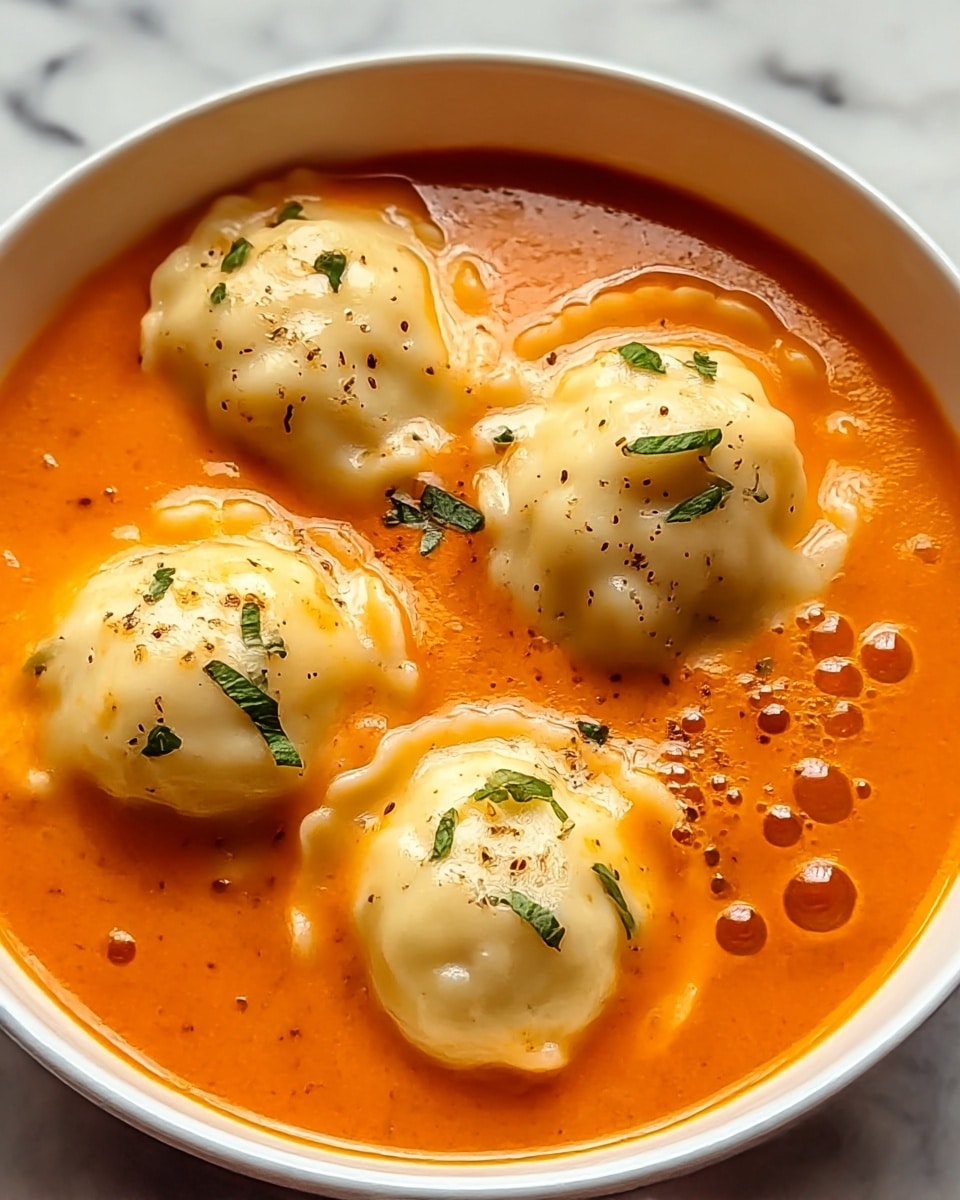 A white bowl filled with smooth, bright orange tomato soup as the base layer, topped with four plump, creamy white ravioli pieces evenly spaced. Each ravioli has a slightly crinkled edge and is sprinkled with small bits of black pepper and fresh green herb leaves. The surface of the soup has a gentle shine and some small bubbles, adding texture and depth. The bowl sits on a white marbled texture surface. photo taken with an iphone --ar 4:5 --v 7