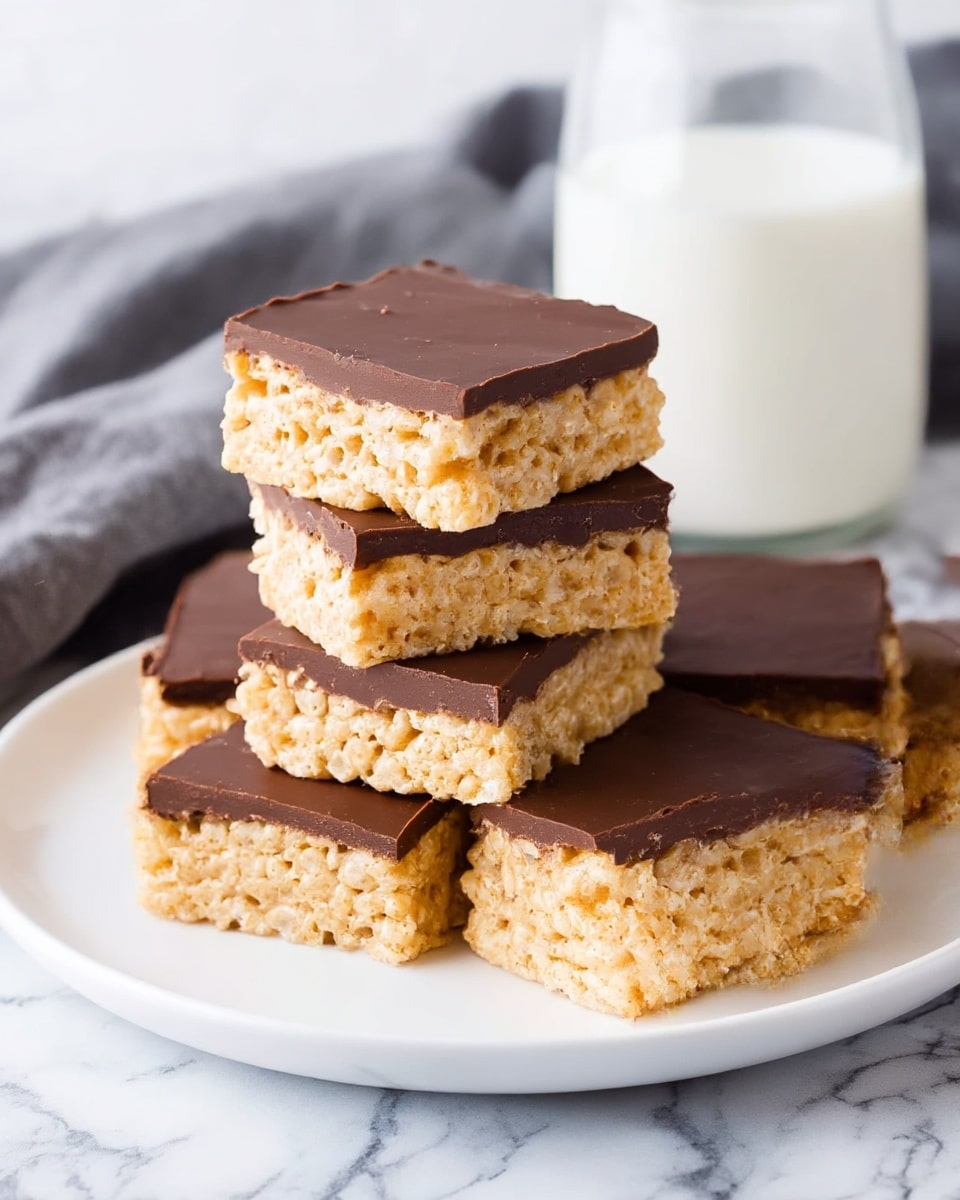 A white plate holds five square pieces of a dessert with two distinct layers. The bottom layer is a light golden color with a rough and bumpy texture from puffed rice cereal tightly packed together. The top layer is a smooth, glossy dark brown chocolate that evenly covers the cereal base. The squares are stacked in a small pile on the plate, and in the background, a glass of milk and a grey cloth are visible over a white marbled surface. photo taken with an iphone --ar 4:5 --v 7