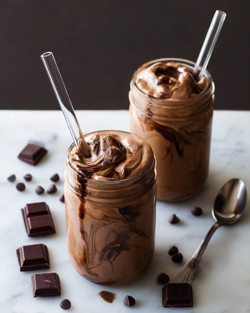 Two clear glass jars filled with a creamy chocolate mousse that has dark chocolate swirls inside, creating a marbled effect. The mousse is light brown with smooth, soft texture, and the dark chocolate swirls add a rich darker brown contrast spread throughout. Each jar has a clear glass straw inserted, and a small smear of chocolate is visible on the jar rim and straw. Around the jars on the white marbled surface are scattered small chocolate chips and square pieces of dark chocolate, with a silver spoon nearby. Photo taken with an iphone --ar 4:5 --v 7