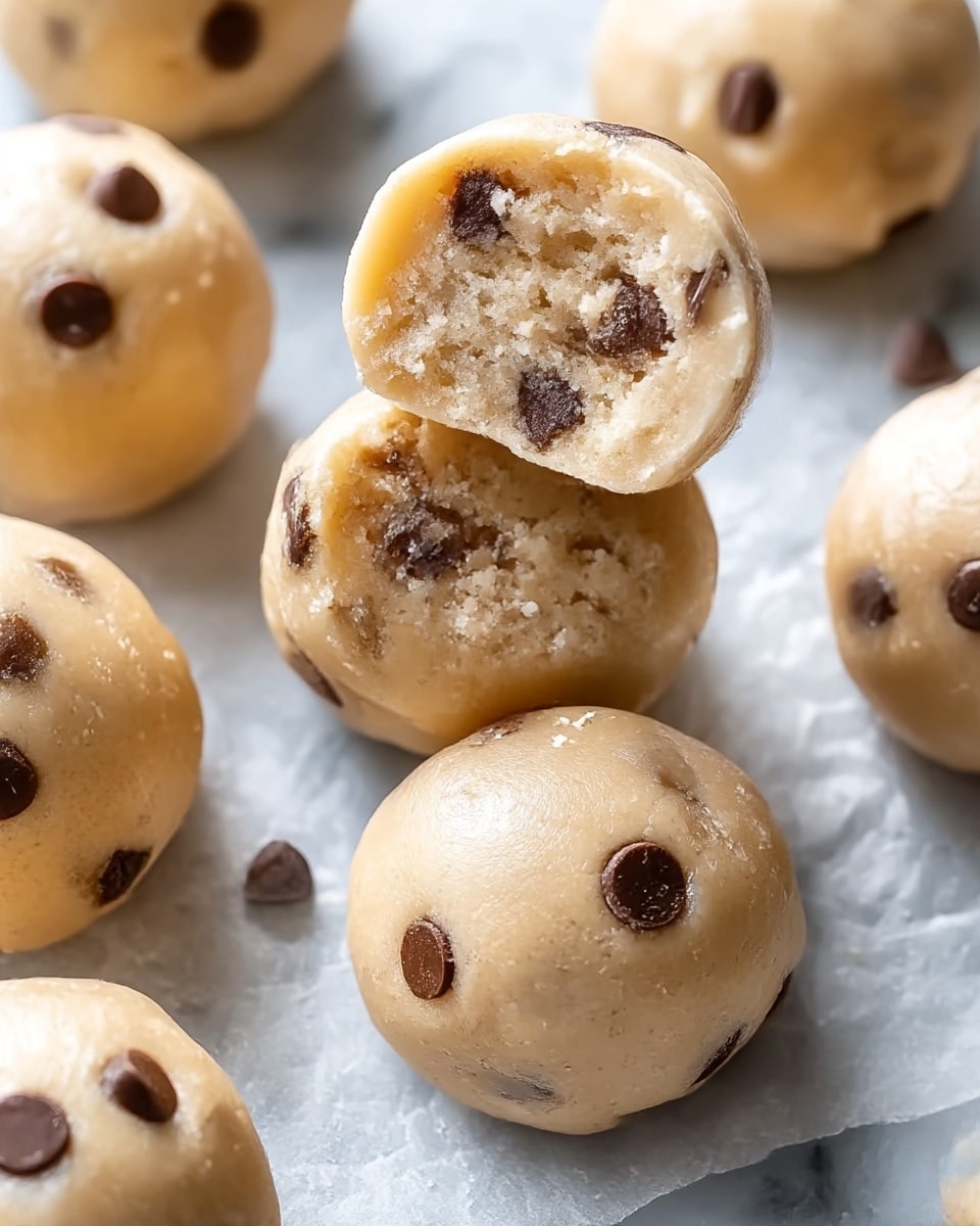 The image shows several round, pale beige cookie dough balls with visible dark chocolate chips scattered inside and on the surface. One dough ball is cut in half and placed on top, revealing a soft, light, and slightly crumbly inner texture, with small chocolate chips embedded in the dough. The dough balls sit on a piece of white parchment paper over a white marbled surface. The overall look is smooth and slightly shiny, showing fresh, moist dough without any baking yet. photo taken with an iphone --ar 4:5 --v 7