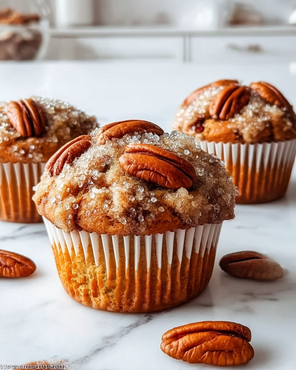 The image shows three muffins, each with a crumbly light brown top layer sprinkled with shiny sugar crystals, and decorated with several whole pecans pressed into the surface. The muffins are in white paper liners with dark golden-brown cake visible underneath. Around the muffins on the white marbled surface are a few whole pecans, adding to the natural, rustic look. The kitchen in the background is clean and bright, focusing all attention on the muffins in the foreground. photo taken with an iphone --ar 4:5 --v 7