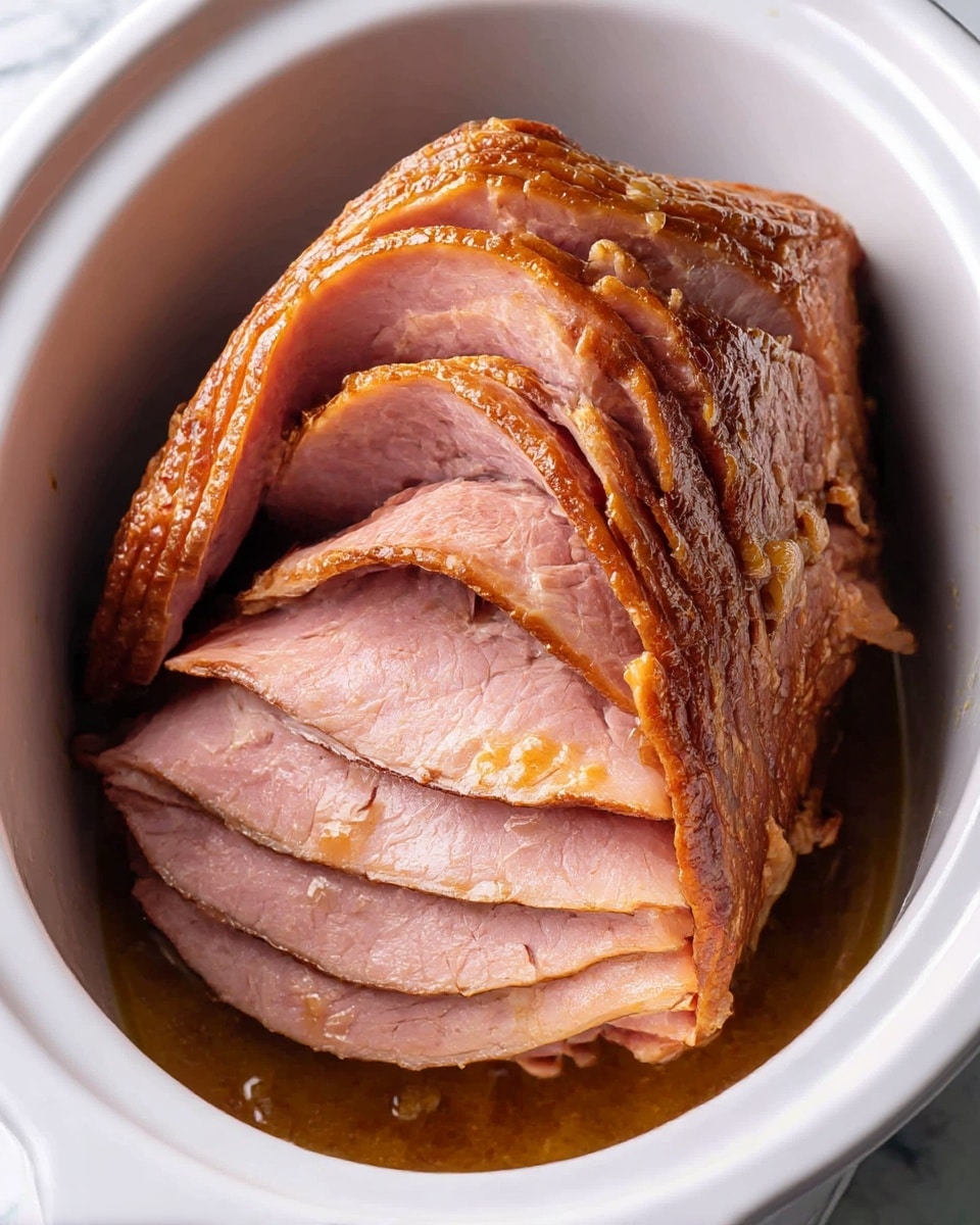 A large, spiral-sliced ham with a browned, glossy outer crust rests inside a white slow cooker. The ham shows several layers of thick, light pink meat with a slightly shiny texture from its glaze. The slices are partially fanned out, revealing both the tender inner meat and the caramelized, deeper brown edges on the outer layer. The inside of the slow cooker is white with some juice or glaze collected at the bottom, giving a moist look to the scene. The image captures the softness and juiciness of the ham with the caramelized crust in a close-up view against a white marbled surface. photo taken with an iphone --ar 4:5 --v 7