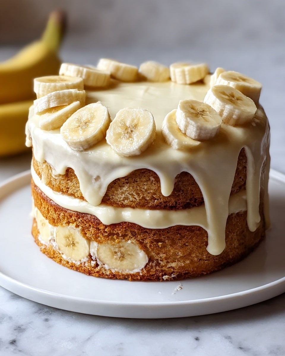 A two-layer banana cake with light brown, moist sponge cake layers separated by a thick, creamy white frosting layer in the middle; the top layer is covered with the same smooth white frosting, slightly dripping over the edges, and decorated with evenly spaced, thick banana slices that are pale yellow with a soft texture. The cake sits on a round white plate on a white marbled surface. Photo taken with an iphone --ar 4:5 --v 7