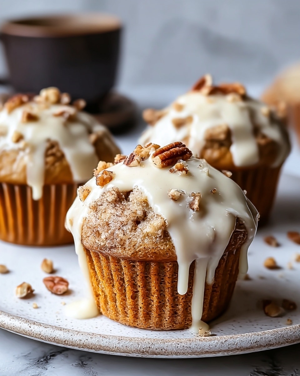 The image shows three muffins placed closely on a white plate with a subtle texture. Each muffin has two visible layers: the base is a golden-brown textured muffin with a crumbly top, and the second layer is a thick, creamy white icing that drips down the sides in smooth streaks. On top of the icing, there are small pieces of chopped nuts and streusel crumbs scattered, adding a crunchy texture and a darker brown color contrast. The background features a blurred dark cup and a white marbled surface, adding a clean and simple look. The focus is sharp on the front muffin with soft lighting enhancing the textures. Photo taken with an iphone --ar 4:5 --v 7