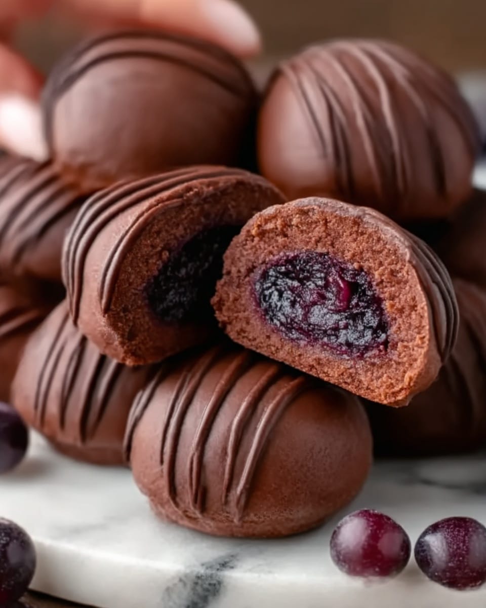 The image shows a close-up of round chocolate treats, with one treat split open and held by a woman's hand to reveal a dark purple, juicy filling inside. The outside of the treats is covered in smooth, glossy chocolate, drizzled with extra chocolate lines on top. The treats are stacked on a white marbled surface, and a few dark purple berries are scattered around them. The photo taken with an iphone --ar 4:5 --v 7