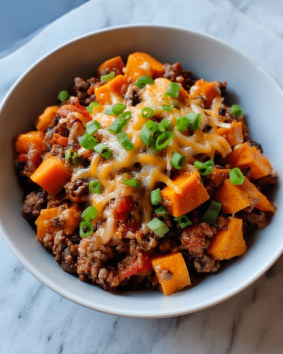 A white bowl filled with a layered dish showing a bottom layer of cooked ground beef mixed with diced tomatoes, topped with bright orange cubes of cooked sweet potatoes, and finished with a sprinkle of melted shredded cheese and chopped green onions. The colors include brown from the meat, vibrant orange from the sweet potatoes, red from the tomatoes, yellow-white from the cheese, and green from the onions. The bowl rests on a white marbled surface. Photo taken with an iphone --ar 4:5 --v 7