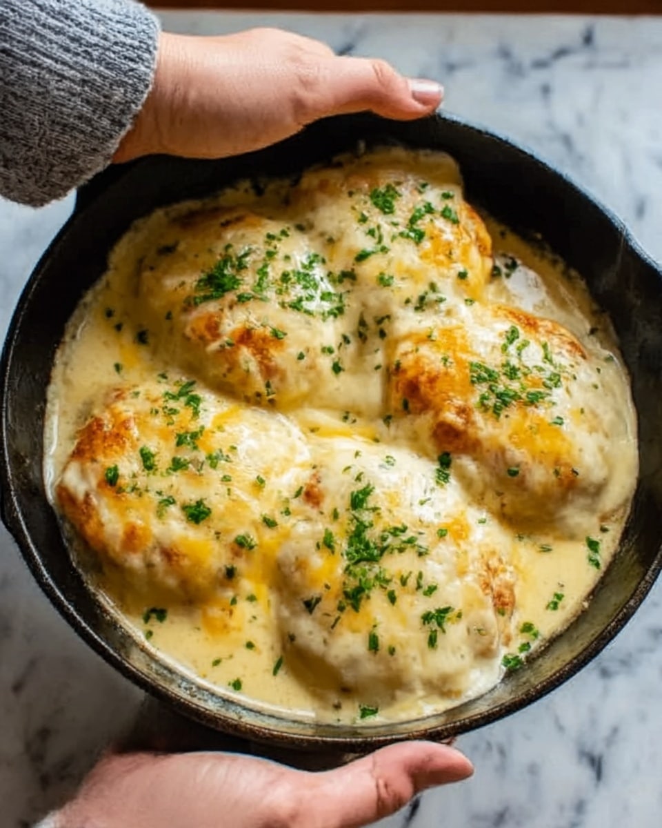 In the image, there is a black skillet filled with four large, round pieces of food covered in melted, golden-yellow and white cheese with a creamy sauce underneath. Each piece is sprinkled with small green herbs, giving a fresh contrast to the cheesy top. The surface underneath the skillet is a white marbled texture. A woman's hand is holding the skillet on the side. photo taken with an iphone --ar 4:5 --v 7