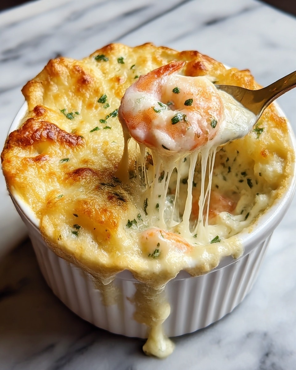 A white round ramekin filled with a golden brown baked dish with a puffed, crispy, and slightly uneven top layer. Underneath, a creamy, white sauce mixed with herbs and pieces of pink shrimp peek through where it has been scooped out. The creamy sauce is stringy and thick with melted cheese stretching upwards. The top layer shows a mix of light to darker golden brown spots, adding texture and a baked finish. The ramekin sits on a white marbled surface. Photo taken with an iphone --ar 4:5 --v 7