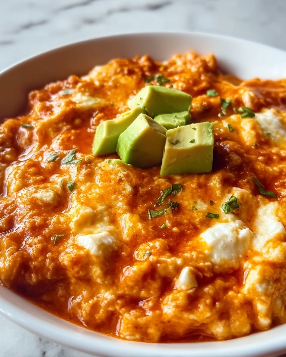 A close-up view of a white bowl filled with a thick, textured dish that has a warm, orange-red sauce layered over soft, white crumbled cheese or scrambled eggs. On top of the dish, there are a few small, light green avocado cubes placed in the center, with small green herb bits sprinkled around. The sauce looks shiny with a slightly oily surface, and the cheese or eggs underneath appear soft and creamy. The background surface is a white marbled texture. photo taken with an iphone --ar 4:5 --v 7