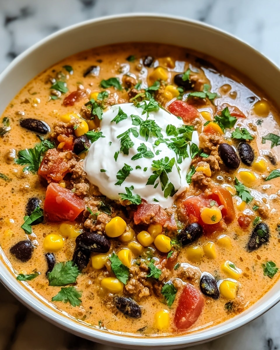 A white bowl filled with a thick, creamy soup that has a light orange base, mixed with visible chunks of ground meat, bright yellow corn, black beans, and red tomato pieces. On top, there is a dollop of smooth white sour cream, garnished with fresh green chopped cilantro scattered around. The soup looks rich and hearty with a slightly chunky texture, all set on a white marbled surface. photo taken with an iphone --ar 4:5 --v 7
