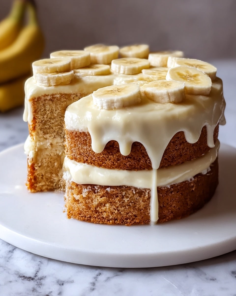 A two-layer banana cake with light brown textured cake layers separated by a thick, creamy white frosting in the middle and spread over the top. The top layer of frosting is smooth and slightly dripping down the sides. Sliced banana pieces, light yellow and neatly arranged, cover the entire top surface. The cake sits on a white round plate placed on a white marbled surface. Photo taken with an iphone --ar 4:5 --v 7