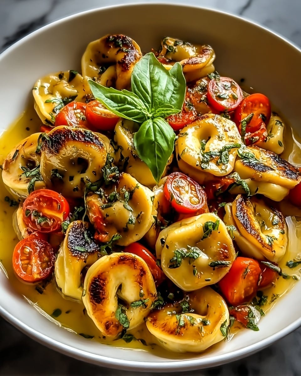 A white bowl filled with about twelve browned tortellini, each piece golden with char marks, layered closely together. Scattered around and inside the tortellini are halved cherry tomatoes in bright red, adding color spots. Fresh green herbs are finely chopped and spread across the top, with a whole fresh green basil leaf placed in the center as decoration. The dish is coated with a shiny light yellow sauce that pools slightly at the bottom, giving a glossy texture. The bowl is placed on a white marbled surface. photo taken with an iphone --ar 4:5 --v 7