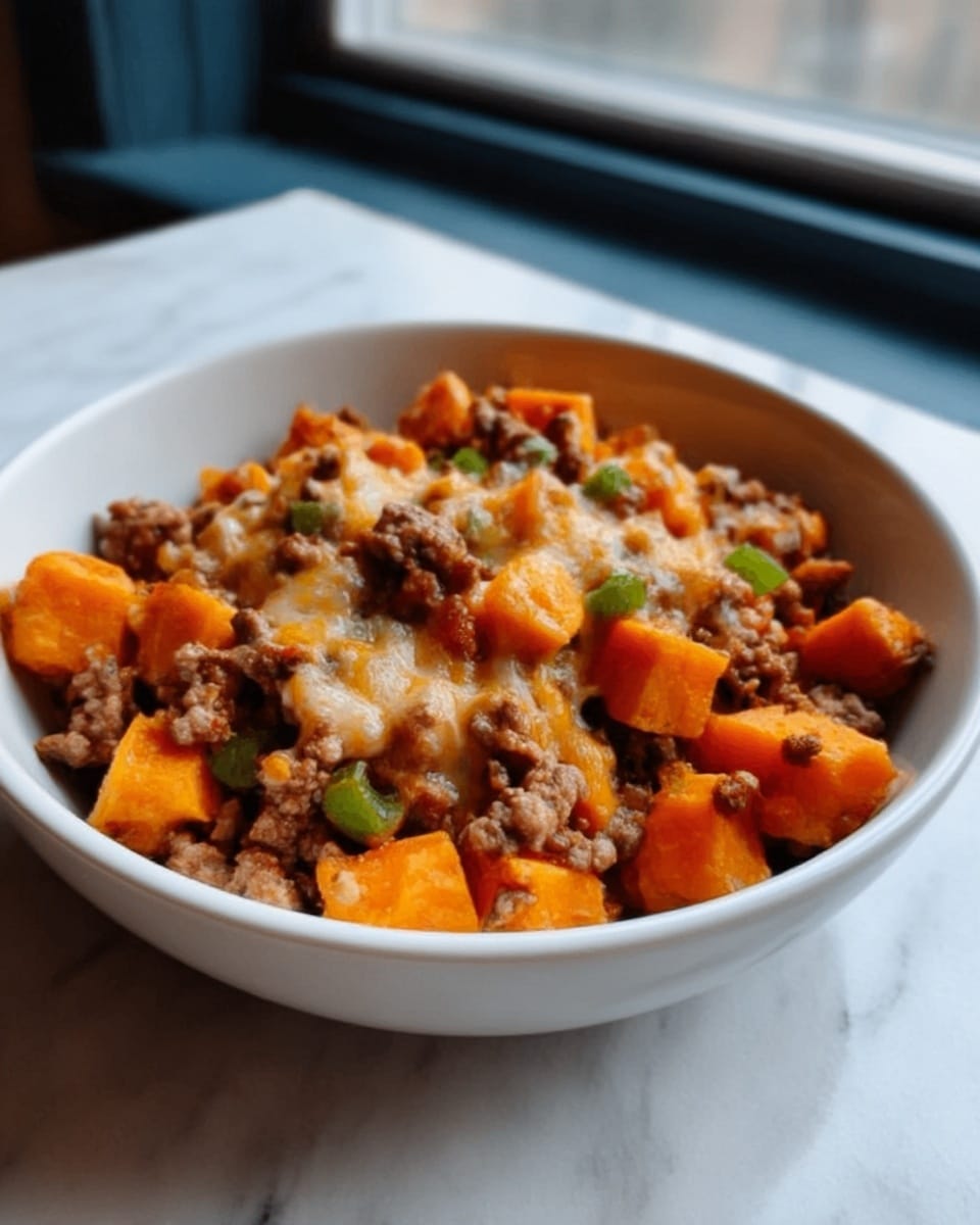 The image shows a bowl filled with a colorful dish on a white marbled surface. The bowl is white and holds a layered mix of cooked ground meat with a brown texture, bright orange cubes of roasted sweet potatoes, and some pieces of red tomatoes. On top, melted cheese is sprinkled over the dish, creating a light yellow layer that slightly covers the ingredients below. Small green herbs are scattered over the melted cheese for a touch of color. The bowl is filled generously, showing a hearty mix of ingredients. Photo taken with an iphone --ar 4:5 --v 7