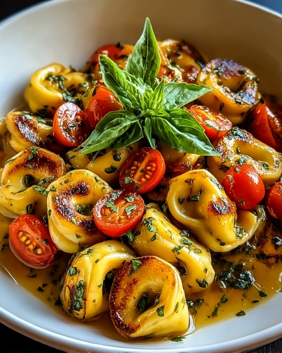 A white bowl filled with a single layer of golden brown grilled tortellini, each piece showing a crispy, slightly charred surface with a soft, yellow dough texture. Between the tortellini pieces, there are halved cherry tomatoes in bright red with juicy, smooth textures, scattered evenly. Fresh chopped green herbs are sprinkled across the tortellini and tomatoes, adding a lively green contrast. The dish is topped in the center with a small bunch of fresh, bright green basil leaves, adding height and color. The dish is coated lightly with a glossy, golden sauce pooling slightly at the bottom. Photo taken with an iphone --ar 4:5 --v 7