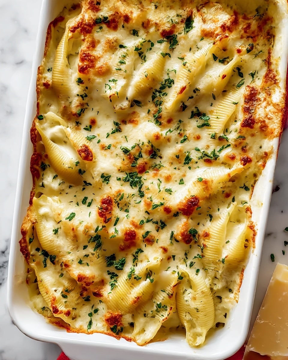 A white rectangular baking dish filled with baked stuffed pasta shells layered with melted and slightly browned white cheese covering the top, with hints of golden to light brown spots from baking. The large pasta shells are creamy yellow and filled, nestled closely together filling the dish. Fresh chopped green herbs are sprinkled evenly across the top, adding color contrast. The dish rests on a white marbled surface with a piece of cheese nearby. Photo taken with an iphone --ar 4:5 --v 7
