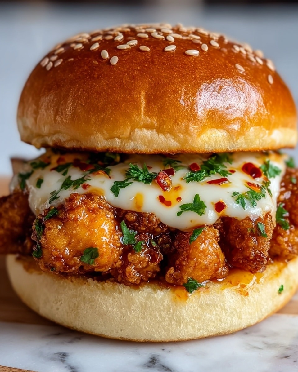 A close-up view of a fried chicken sandwich on a fluffy bottom bun with a light beige color, topped with crispy, golden-brown fried chicken pieces coated in a shiny, slightly sticky sauce. Above the chicken is a layer of melted white and yellow cheese that is smooth and slightly glossy, garnished with small pieces of green parsley and red chili flakes. The sandwich is completed with a shiny, toasted golden-brown sesame seed bun on top, with sesame seeds scattered across its surface. The background is a white marbled texture. photo taken with an iphone --ar 4:5 --v 7