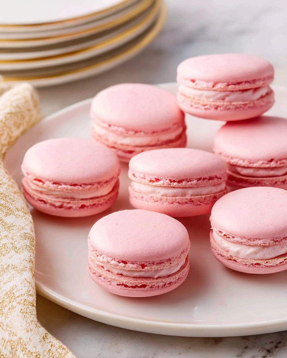 Seven pink macarons are placed on a white plate with a slight shine and smooth texture. Each macaron has two smooth, round, pale pink shells with a light pink creamy filling sandwiched in the middle, visible along the edges. The surface beneath the plate features a white marbled pattern, and there are stacked white plates with golden rims blurred in the background on the left side. A cream and beige patterned cloth is partially visible to the left side of the plate. Photo taken with an iphone --ar 4:5 --v 7