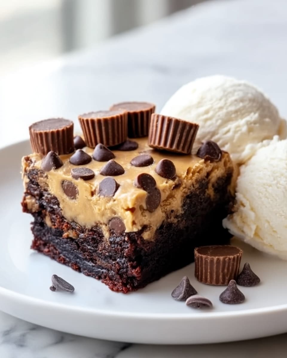 The image shows a square piece of rich, dark chocolate brownie with a thick, creamy peanut butter layer on top. The peanut butter layer is smooth and light brown, covered with small, round chocolate chips and several mini peanut butter cups standing vertically along the edges. To the right of the brownie, there is a scoop of white vanilla ice cream with a soft, smooth texture. Some chocolate chips are scattered on the white plate around the dessert. The plate is on a white marbled surface with natural light coming from the background. Photo taken with an iphone --ar 4:5 --v 7