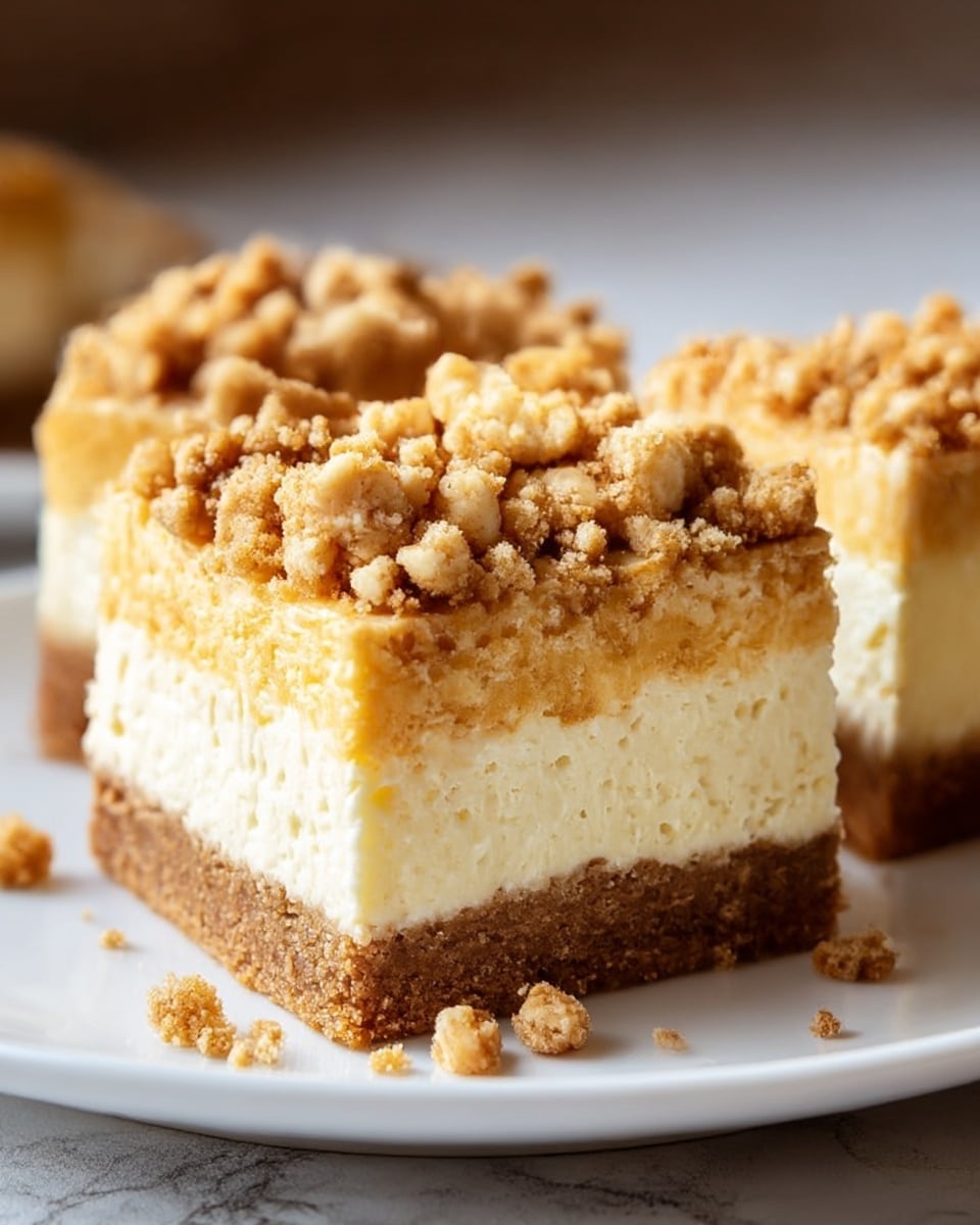 A close-up view of two square slices of crumb cheesecake on a white plate sitting on a white marbled surface. Each slice has four layers: the bottom layer is a thick, dense, brown crust; above it sits a firm, creamy, pale yellow cheesecake layer; a thin, lighter creamy layer rests on top of that; and the top layer is a chunky, golden crumb topping with small pieces and a rough texture. Some crumbs have fallen around the slices. The background is softly blurred. photo taken with an iphone --ar 4:5 --v 7