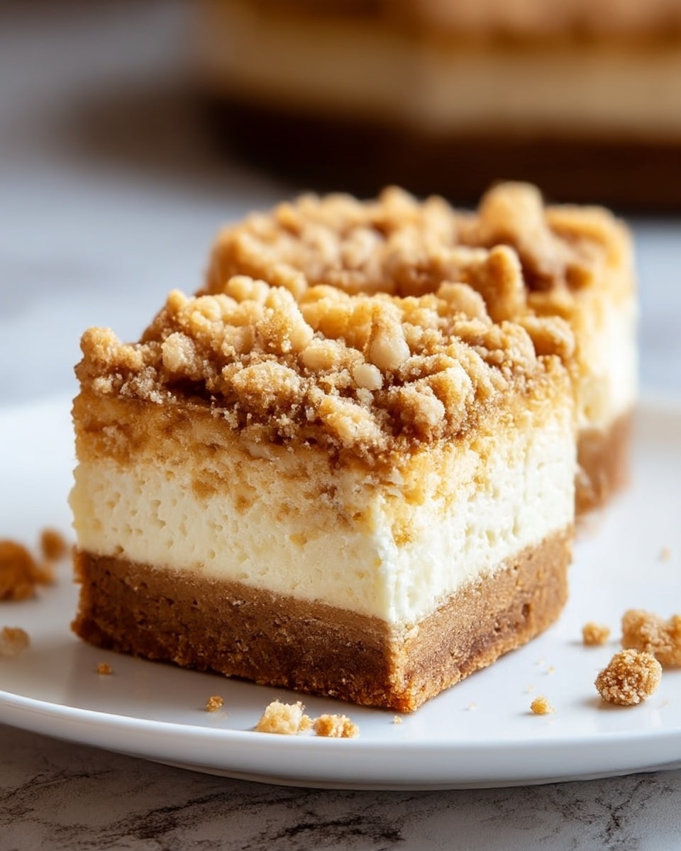 A close-up view of two dessert squares on a white plate, each with three distinct layers; the bottom layer is a dense, smooth brown crust, the middle layer is a creamy off-white cheesecake filling, and the top layer consists of a crumbly, golden-brown streusel with visible chunks and a textured surface. Small crumbs are scattered around the plate, which rests on a white marbled texture. The background is softly blurred, focusing attention on the rich texture and warm colors of the dessert. photo taken with an iphone --ar 4:5 --v 7