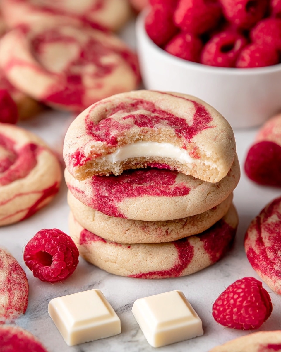 The image shows a stack of three raspberry swirl cookies with a bite taken out of the top cookie, revealing two layers inside: a creamy white filling in the middle and a light brown base at the bottom. The cookies have a light beige color with bright red raspberry swirls all over the surface, giving a marbled effect. Around the stack, more cookies with the same pattern are scattered, along with fresh red raspberries and two small white chocolate squares in front. A white bowl filled with fresh raspberries is partially visible in the background. All of this is placed on a white marbled surface. photo taken with an iphone --ar 4:5 --v 7