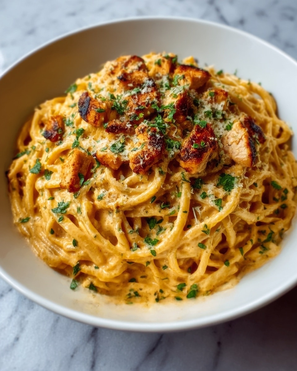 A white bowl filled with creamy pasta layered with rich orange sauce mixed evenly with noodles. On top, there are small pieces of browned grilled chicken scattered, adding texture and depth. Bright green herbs are sprinkled over the dish, giving a fresh contrast in color. The pasta looks soft and saucy, with the chicken pieces having a slight charred look. The scene is set on a white marbled textured surface. photo taken with an iphone --ar 4:5 --v 7