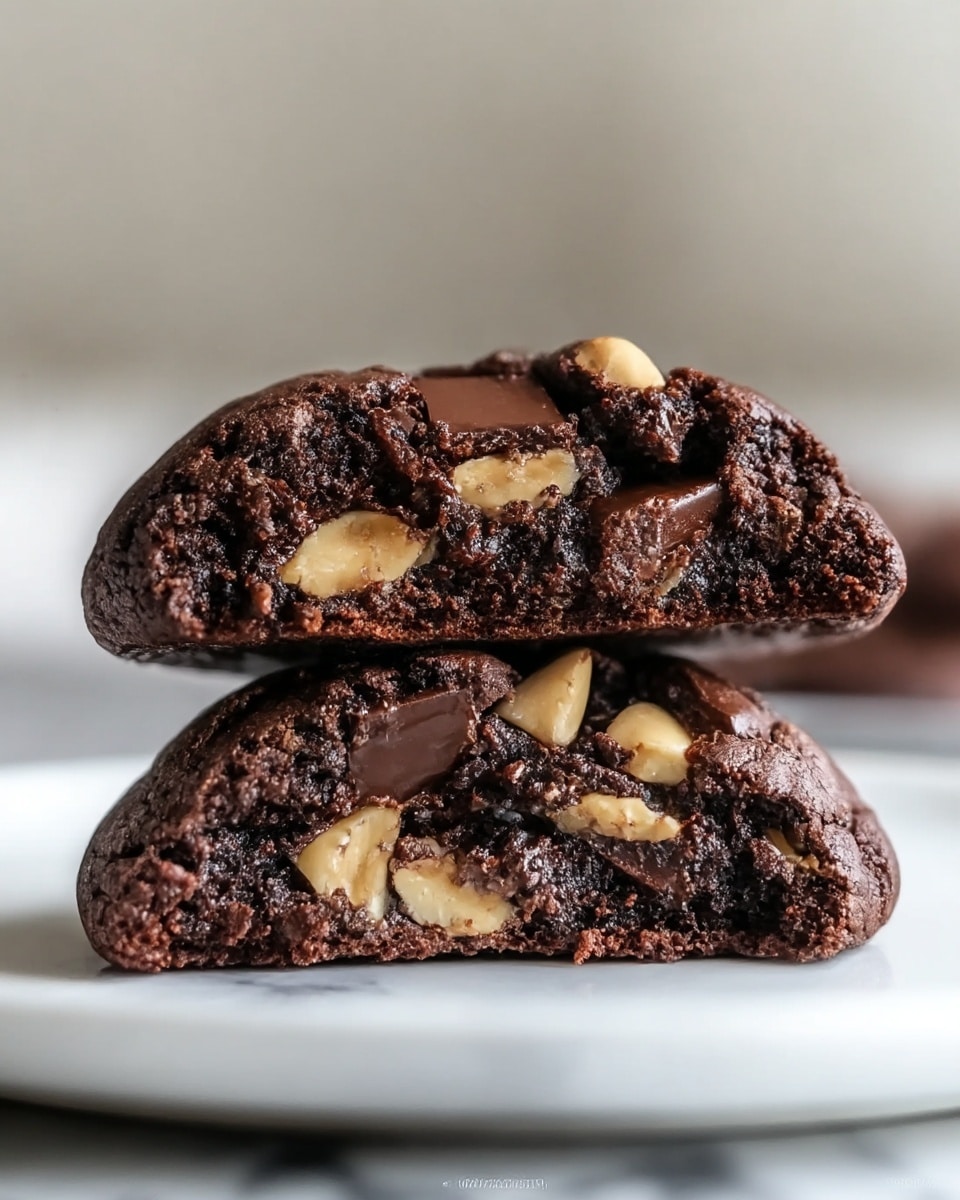 The image shows two stacked thick chocolate cookies, broken in half to reveal their inside. Each cookie has a dark, rich, almost black chocolate dough with visible chunks of creamy light brown nuts and melted dark chocolate pieces. The top cookie half leans on the bottom one, showing a soft, moist texture inside with a slightly crisp crust on the outside. The cookies rest on a white plate placed on a white marbled surface, with a soft blurred neutral background. photo taken with an iphone --ar 4:5 --v 7