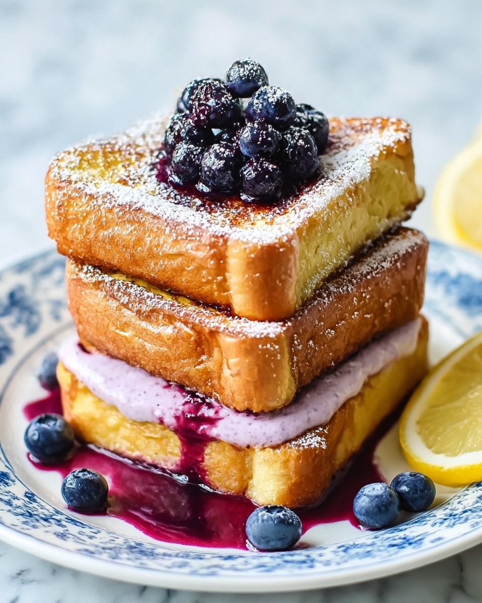 A stack of two thick slices of golden brown French toast sits centered on a white plate with blue patterns. Between the slices is a creamy layer of light purple blueberry-flavored spread that slightly oozes out. On top of the stack is a small mound of fresh, shiny dark blue blueberries, with some juice pooling around the base, creating a deep purple color on the plate. The top slice and blueberries are lightly dusted with powdered sugar. A few loose blueberries sit around the plate’s edge, and a partial lemon wedge is visible on the right side. The setting is on a white marbled texture surface. photo taken with an iphone --ar 4:5 --v 7