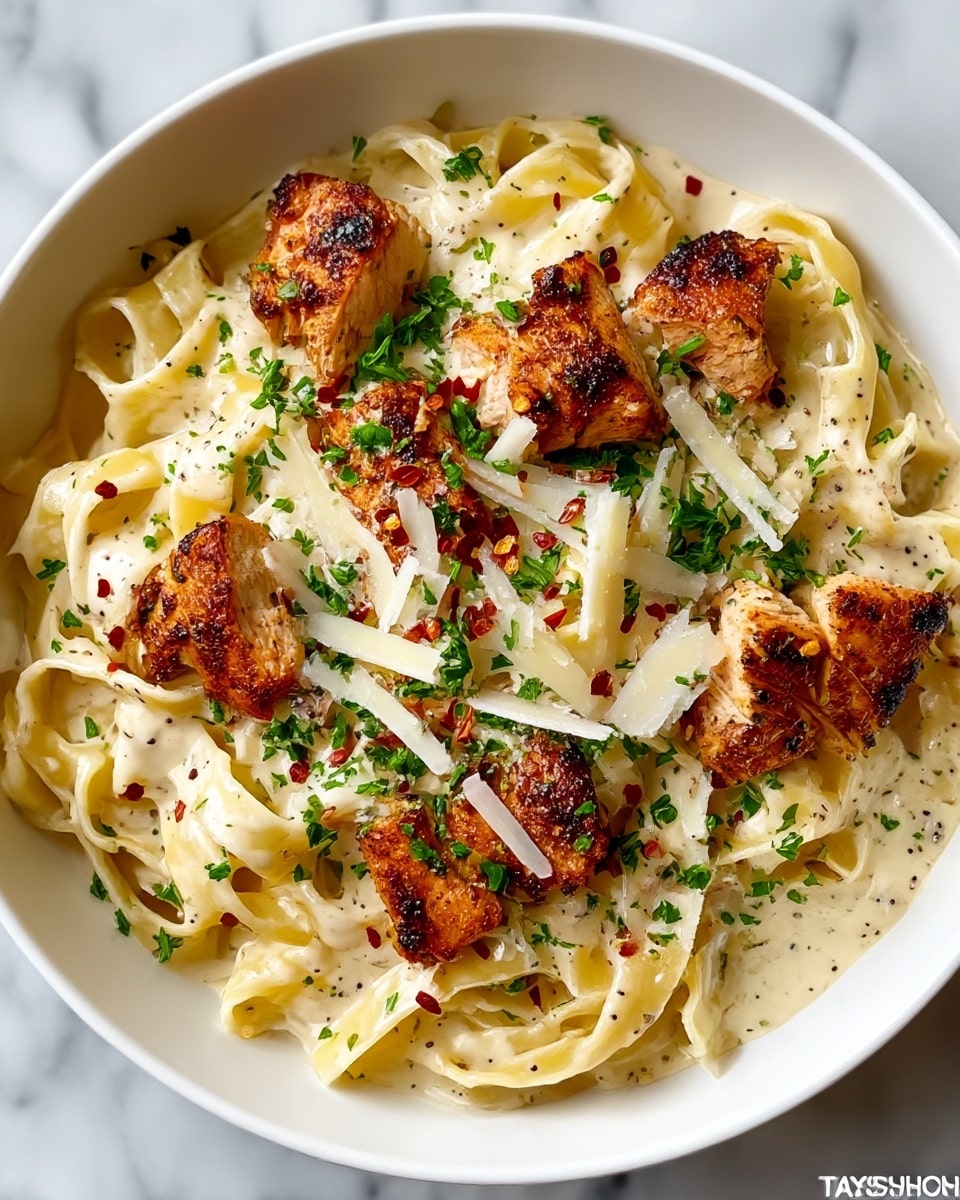 A white bowl filled with creamy fettuccine pasta as the base layer, showing pale yellow wide noodles covered in a smooth, white creamy sauce with black pepper specks. On top, several browned grilled chicken pieces with a charred texture are arranged unevenly. The dish is garnished with finely chopped green parsley and red chili flakes scattered across, along with thin shreds of white grated cheese adding texture and brightness to the dish. The bowl sits on a white marbled surface. photo taken with an iphone --ar 4:5 --v 7