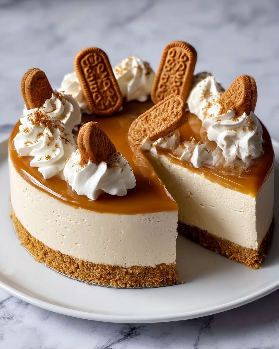 A round creamy cheesecake with three distinct layers: a crumbly golden brown base, a thick middle layer of smooth light beige cheesecake, and a glossy caramel topping. On top, eight dollops of white whipped cream are evenly spaced, each sprinkled lightly with brown crumbs. Each whipped cream dollop is topped with a whole rectangular brown cookie with an embossed pattern. One slice is removed, showing the texture and thickness of each layer. The cake sits on a white plate on a white marbled surface. photo taken with an iphone --ar 4:5 --v 7