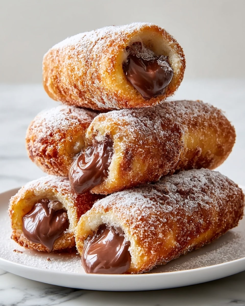 A stack of five golden-brown fried bread rolls filled with melted dark chocolate, arranged in a pyramid on a white plate. Each roll is crisp on the outside and dusted with white powdered sugar, with the chocolate filling oozing out from the open ends showing smooth, glossy texture. The bread rolls have a crunchy coating with a slightly uneven surface that contrasts with the shiny, soft chocolate inside. The plate rests on a white marbled surface, creating a clean and bright setting. photo taken with an iphone --ar 4:5 --v 7