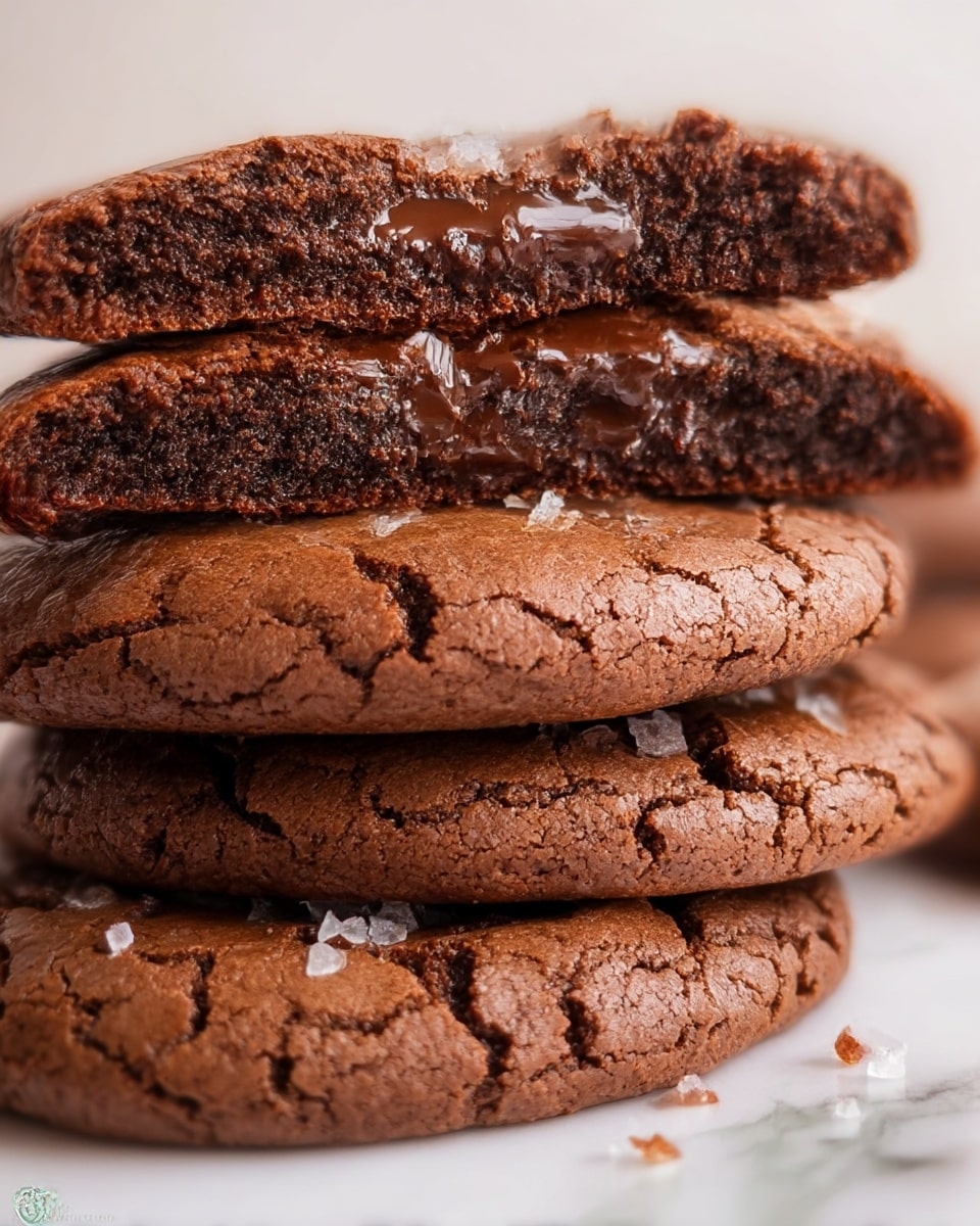 A close-up of a stack of chocolate cookies on a white marbled surface, with the top cookie split in half showing three layers: a crispy dark brown outer layer, a soft dense middle layer, and a gooey shiny chocolate center. The cookies below show a textured, cracked brown surface with bits of coarse salt on top, adding a subtle contrast. The overall look is rich, moist, and freshly baked with a warm atmosphere. photo taken with an iphone --ar 4:5 --v 7