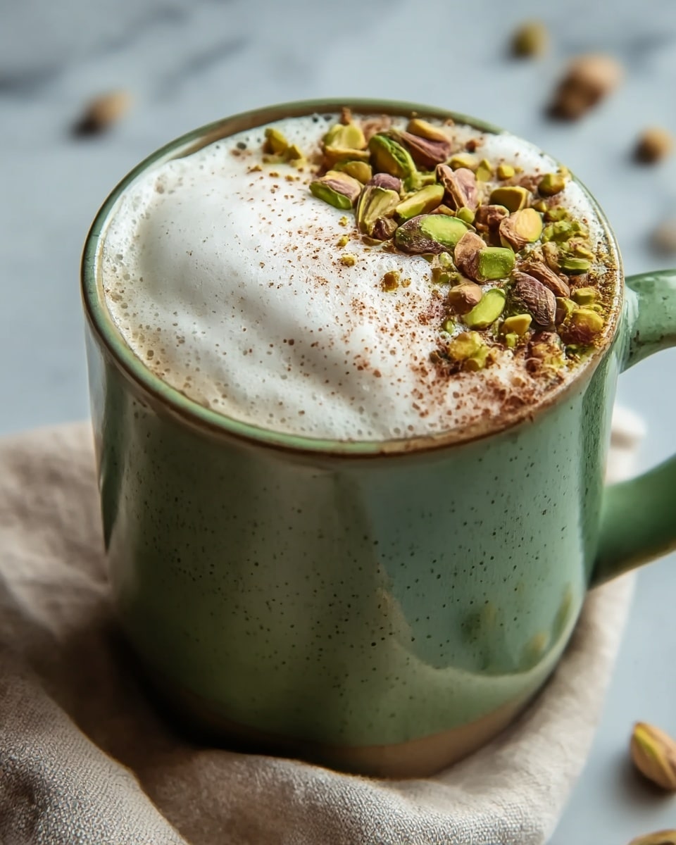 A close-up of a green ceramic mug filled with a frothy white foam layer that rises above the rim. On top, there are scattered crushed pistachio nuts in shades of green and brown, along with a light dusting of a fine brown powder, likely cinnamon or cocoa. The mug sits on a soft beige cloth, placed on a white marbled surface that is softly blurred in the background. Photo taken with an iphone --ar 4:5 --v 7