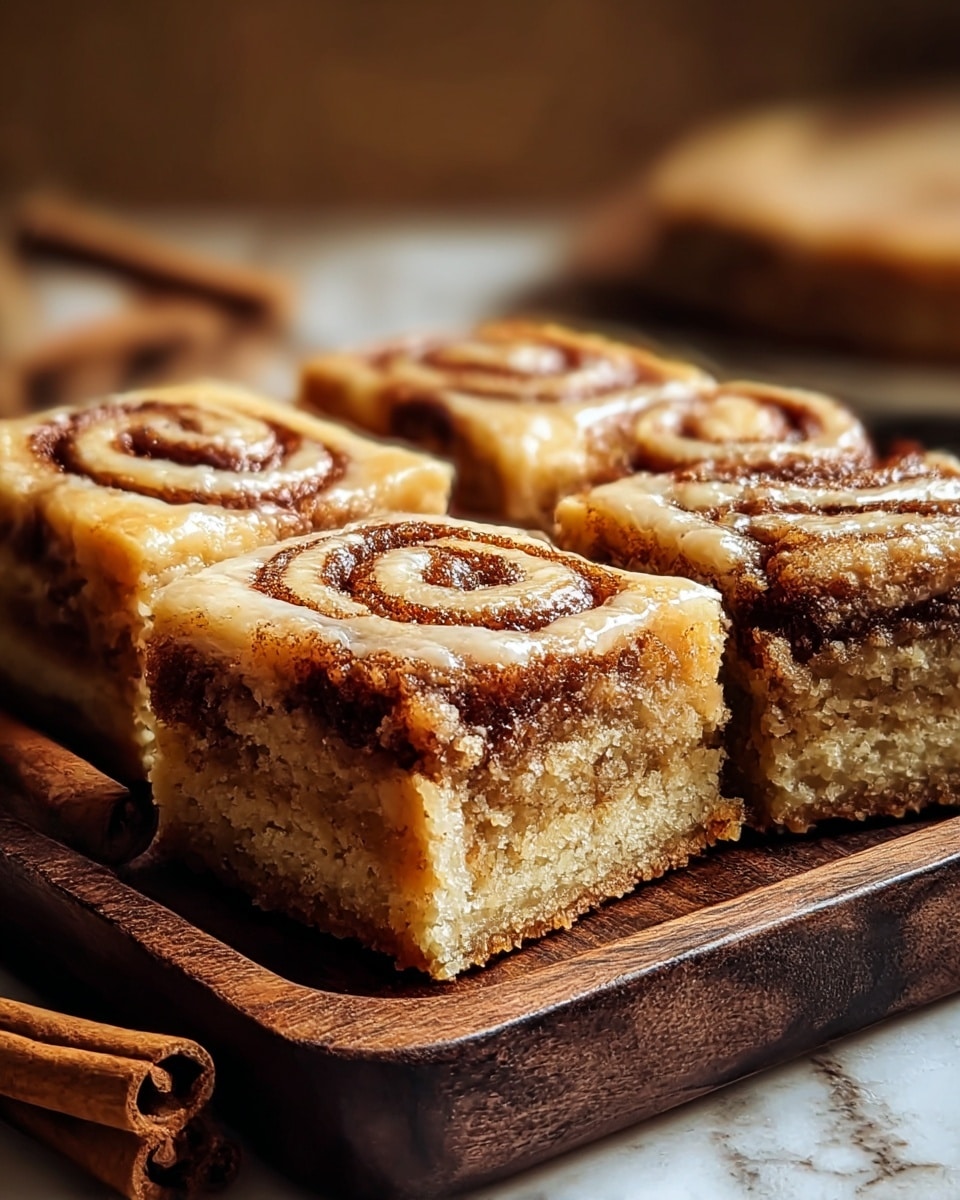 The image shows four square slices of cinnamon roll bars arranged closely on a dark wooden rectangular tray. Each bar has two visible layers: a golden-brown dough base full of dark cinnamon swirls, and a lighter, soft cream-yellow top layer with a glossy finish and cinnamon spirals on top. The texture looks moist and crumbly with a sugary glaze that adds a shiny touch. The tray sits on a white marbled surface, next to two cinnamon sticks. In the background, there is a blurred neutral setting with warm tones. Photo taken with an iphone --ar 4:5 --v 7