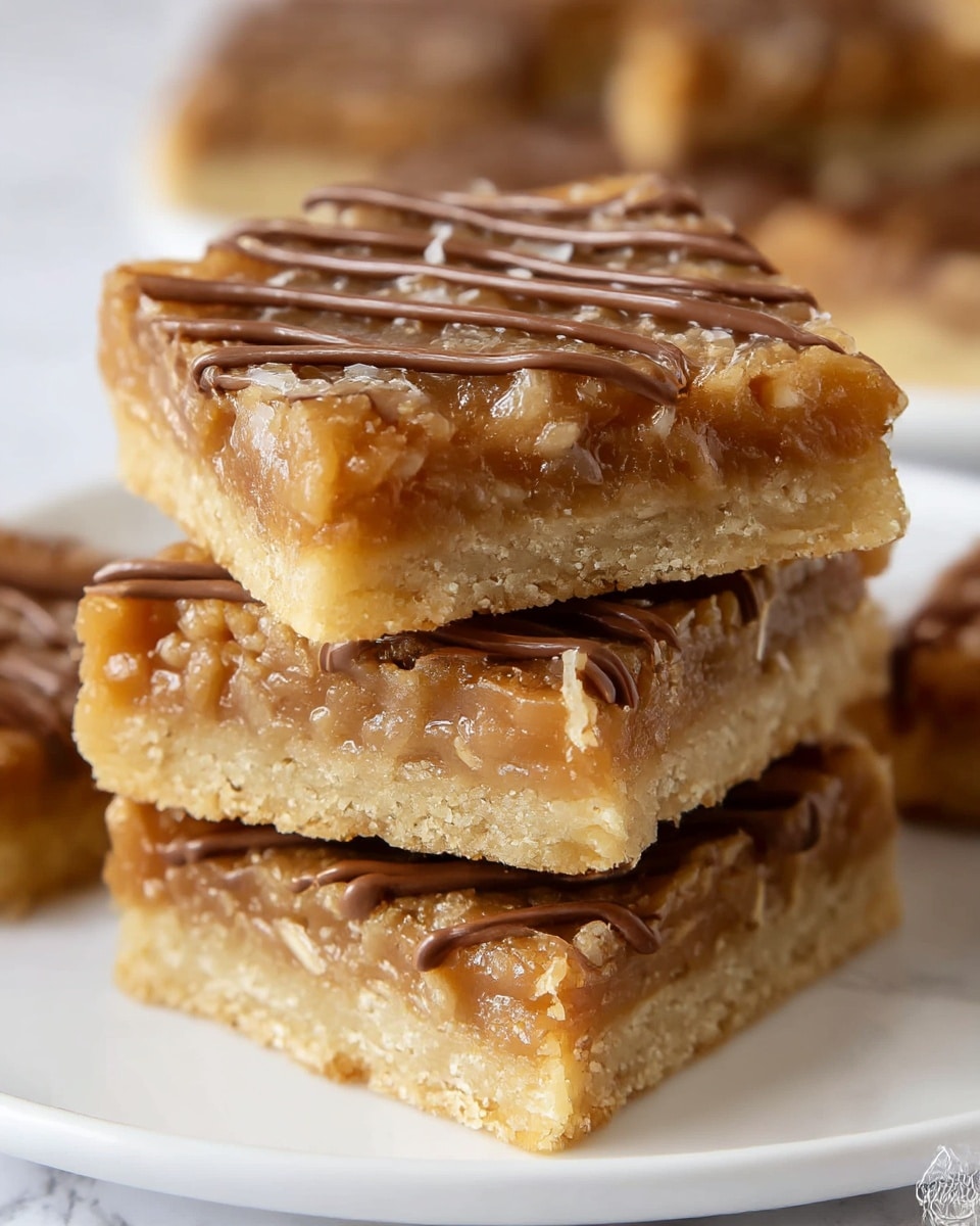 The image shows a stack of three square dessert bars on a white plate, placed on a white marbled texture surface. Each bar has two main layers: the bottom layer is a light golden crust with a slightly crumbly texture, and the top layer is a thick, sticky caramel-colored oat mixture that looks gooey and textured. The top bar is decorated with a drizzle of smooth, shiny chocolate in thin lines across the top. The bars are stacked one on top of another, slightly uneven, with a close-up view focusing on the middle of the top bar. Some more pieces of the bars with chocolate drizzle can be seen blurred in the background. photo taken with an iphone --ar 4:5 --v 7