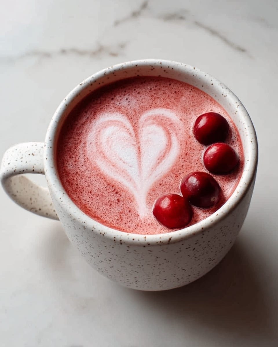 A white speckled ceramic mug filled with a creamy red drink topped with a light pink heart-shaped foam pattern in the center. On the surface, there are four whole cranberries placed near the edge of the drink. The mug is sitting on a white marbled surface. photo taken with an iphone --ar 4:5 --v 7
