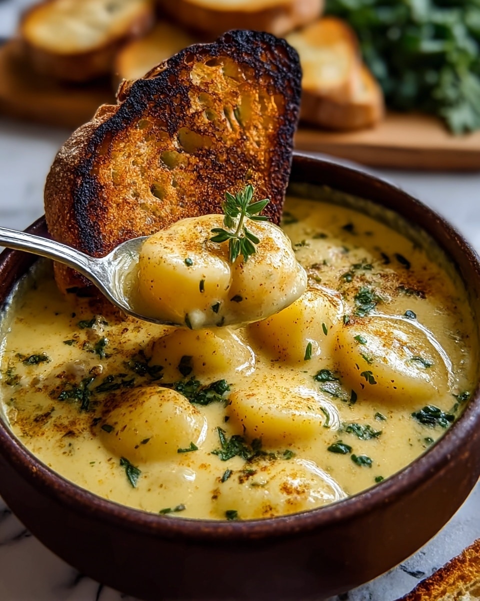 A dark brown bowl filled with creamy yellow potato chowder is the center of the image. The chowder has large, soft potato chunks visible through the thick soup, garnished with green chopped herbs and a light sprinkle of brown spices. A silver spoon lifts a portion of the chowder, showing pieces of potato and a small green herb sprig on top. Resting against the bowl's edge is a thick slice of toasted bread, golden brown with a slightly charred, textured surface. In the blurred background, there are more slices of toasted bread and some green leafy vegetables, all set on a white marbled surface. Photo taken with an iphone --ar 4:5 --v 7