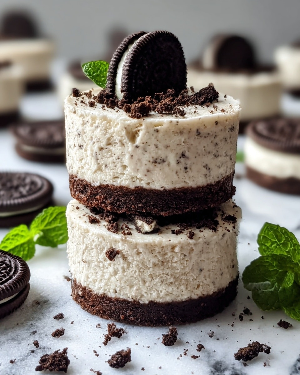 Two small round Oreo cheesecakes are stacked on top of each other on a white marbled surface. Each cheesecake has two layers: a thick, dark brown chocolate crust at the bottom and a slightly uneven, creamy white cheesecake layer on top with tiny specks, giving it a textured look. The top cheesecake is garnished with half an Oreo cookie and some crushed Oreo crumbs sprinkled around, with some crumbs scattered on the surface below. A small sprig of fresh green mint lies nearby, adding a touch of color. In the blurred background, there are more cheesecakes and whole Oreo cookies. photo taken with an iphone --ar 4:5 --v 7