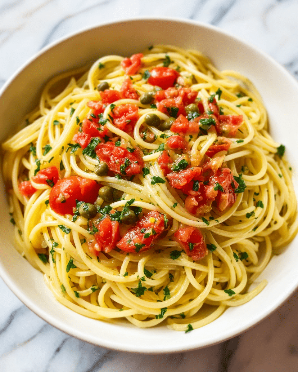 A white bowl filled with spaghetti pasta sits on a white marbled surface. The pasta is light yellow with a glossy texture, topped with small diced bright red tomatoes and sprinkled with green herbs. There are tiny black olives scattered among the pasta. The herbs add a fresh green color contrast, and the tomatoes provide a juicy, vibrant look. Photo taken with an iphone --ar 4:5 --v 7