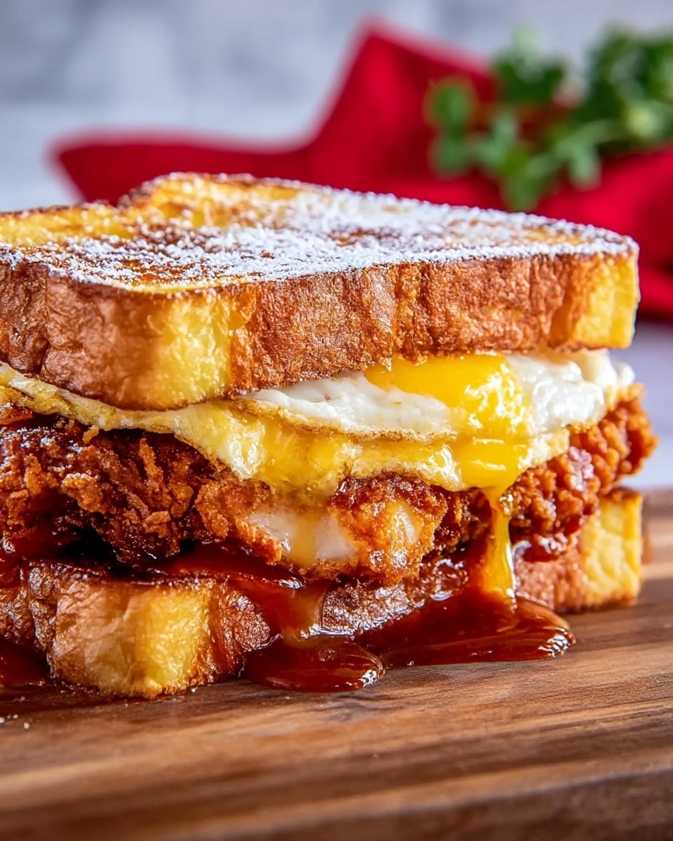 A close-up view of a sandwich with three main layers: the top and bottom layers are thick slices of golden brown, toasted bread with a slightly crispy texture and a light dusting of powdered sugar on top; the middle layers include a crispy, fried chicken piece with a crunchy, reddish-brown crust, topped with a fried egg that has a yellow, slightly runny yolk oozing over the chicken; there is also a glossy, reddish sauce spread between the chicken and the bottom bread slice. The sandwich sits on a wooden surface with a blurred red napkin and green garnish in the background, all on a white marbled texture. photo taken with an iphone --ar 4:5 --v 7