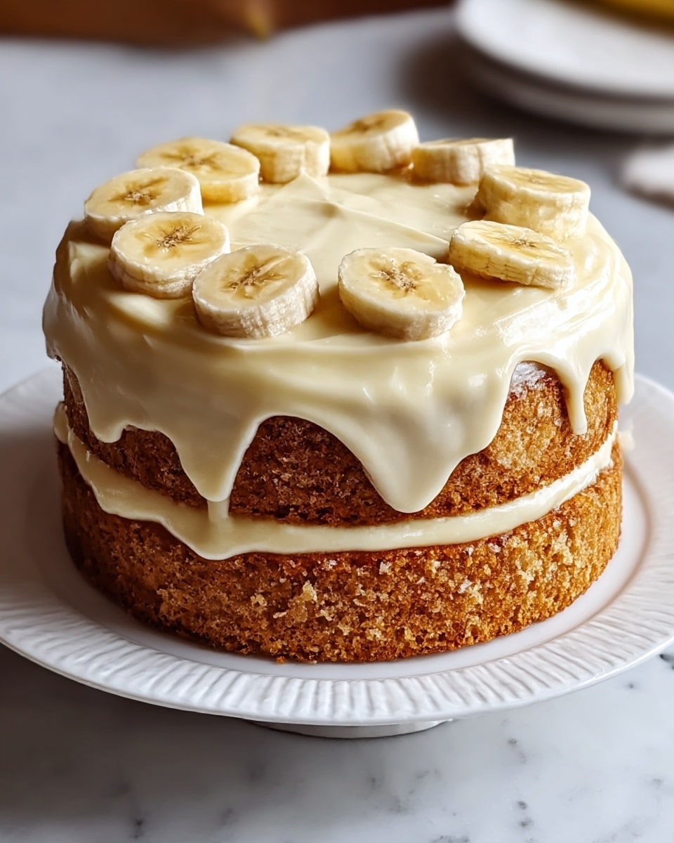 A two-layer banana cake with light brown, moist crumb layers separated by a thick, creamy off-white frosting. The top layer is covered with the same smooth frosting, slightly dripping down the sides, and decorated with evenly sliced round pieces of banana arranged in a single layer. The cake sits on a white plate with a raised edge, placed on a white marbled surface. Photo taken with an iphone --ar 4:5 --v 7