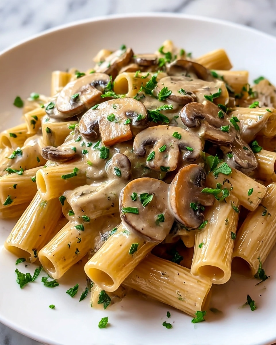 This image shows a white plate filled with rigatoni pasta covered in a creamy mushroom sauce. The dish has one main layer of pasta tubes, light brown and slightly shiny from the sauce. On top and mixed in are slices of sautéed mushrooms, which are light to dark brown with a soft texture. Fresh green parsley pieces are scattered over the pasta, adding a pop of color. The sauce is thick and creamy, coating the pasta and mushrooms evenly. The plate sits on a white marbled surface. photo taken with an iphone --ar 4:5 --v 7