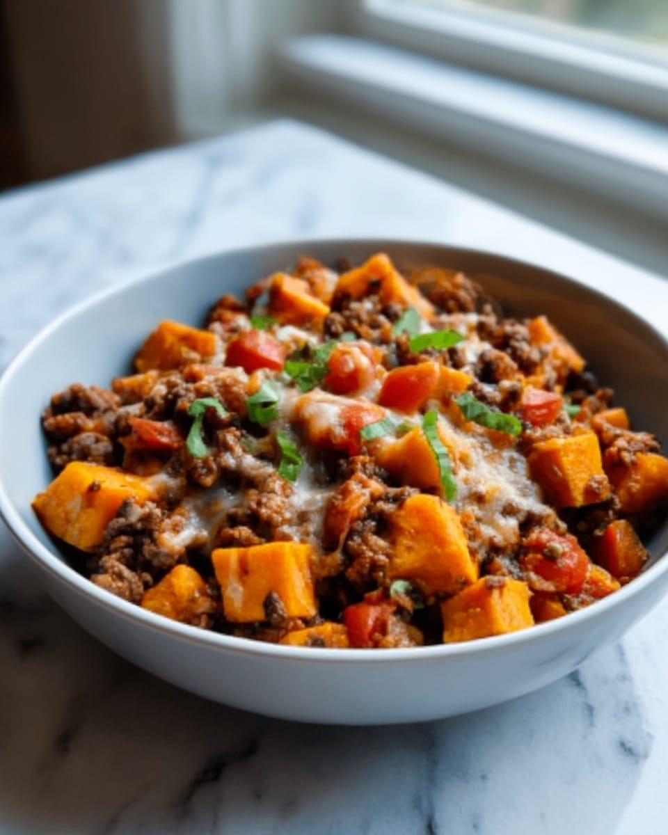 A white bowl filled with a mix of cooked ground beef, orange chunks of sweet potato, and diced tomatoes, all topped with melted cheese and a few green herbs scattered on top. The bowl is placed on a white marbled surface near a window, with natural light highlighting the textures of the food, showing the soft and juicy look of the meat and vegetables. Photo taken with an iphone --ar 4:5 --v 7